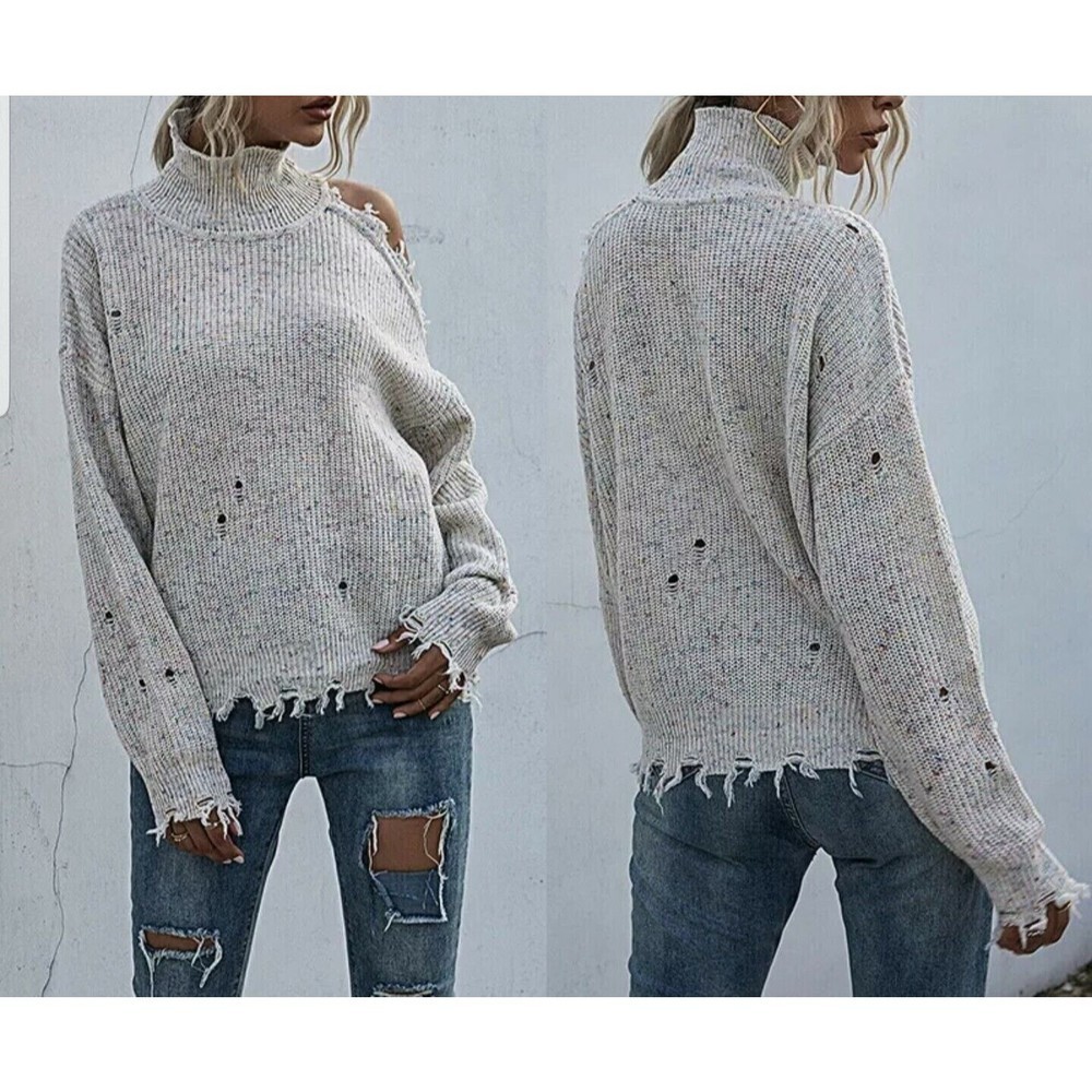Coeur De Vague Women beige distressed trim cutout turtleneck sweater Size L - Picture 1 of 4